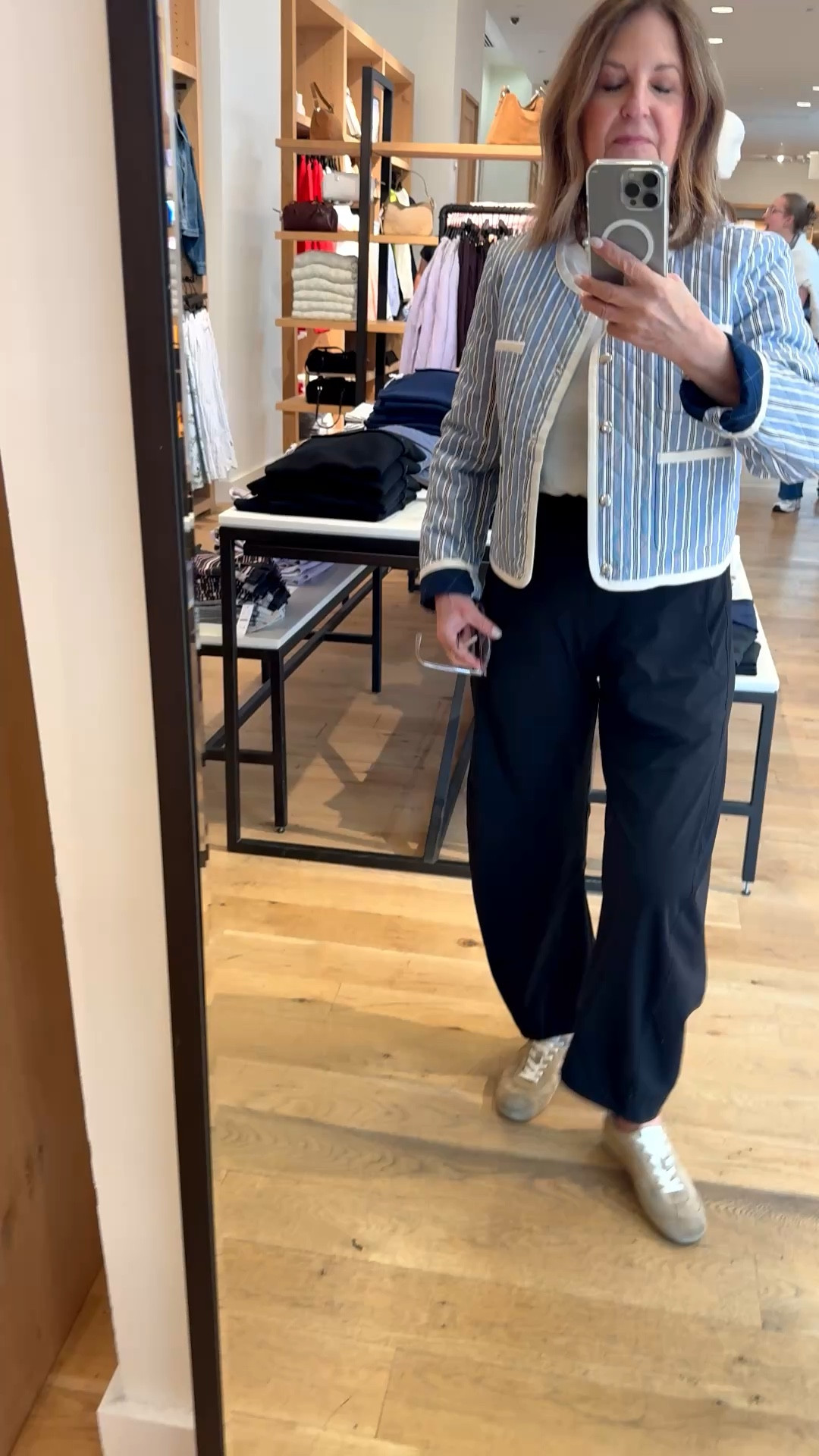 Stopped by J.Crew and tried on this cute quilted jacket. Runs a little trim. I usually wear a size XS in J.Crew, but I'm wearing a size all in this jacket ￼

Ruti pants run tts. I'm wearing a regular size 2. 

The T-shirt is J.Crew size XS. Runs tts. 

Sneakers run tts and are comfortable. 


#LTKSeasonal #LTKOver40 #LTKootd
