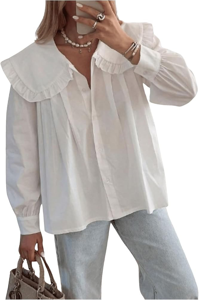 GORGLITTER Women's Cute Doll Collar Pleated Blouse Long Sleeve Button Down Shirt | Amazon (US)