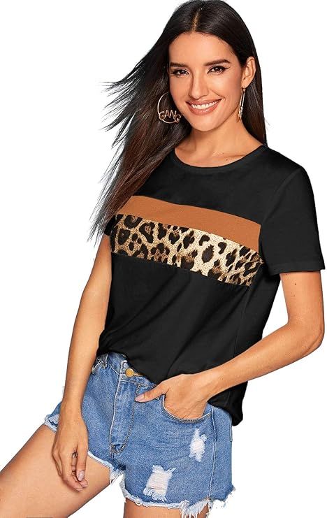Floerns Women's Casual Leopard Printed Short Sleeve Color Block T Shirts Tops | Amazon (US)