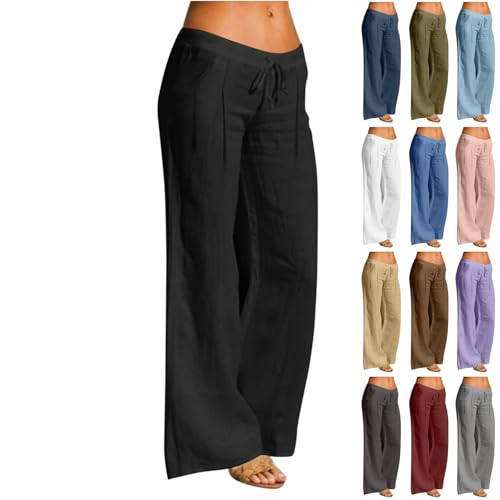 LIKEOULI Black Linen Pants Women Plus Size Linen Pants for Women Linen Wide Leg Pants Linen Pants Women Wide Leg Drawstring Elastic Waist Casual Loose Trousers | Amazon (US)