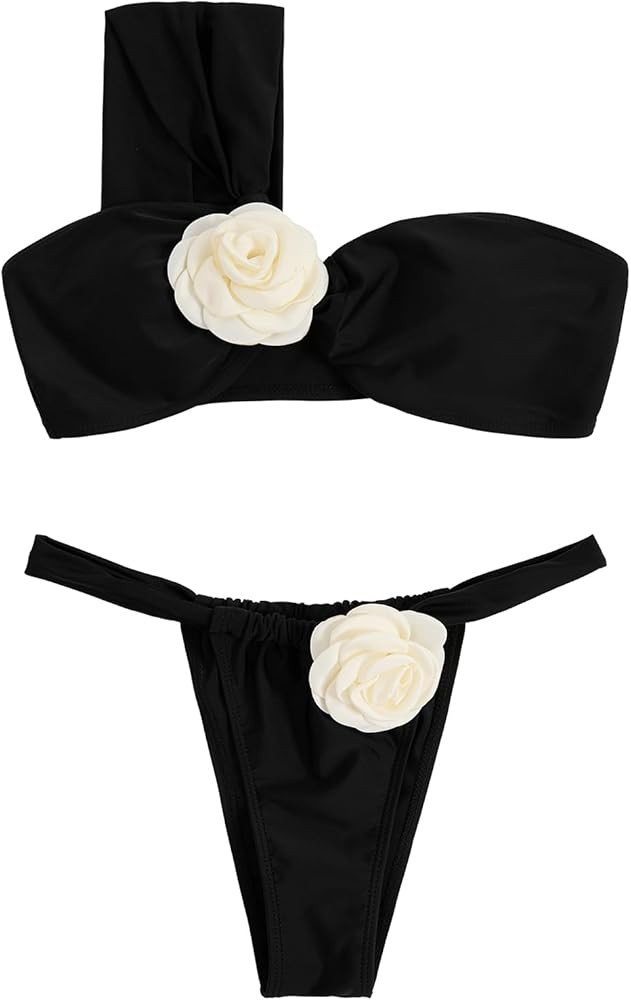 OYOANGLE Women's 2 Piece Swimsuits 3D Flower Ruched One Shoulder Backless Bikini Top and Thong Ba... | Amazon (US)
