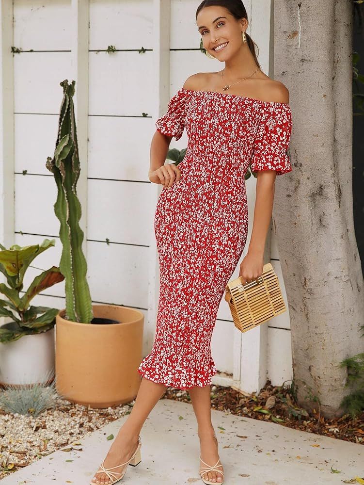Floerns Women's Off Shoulder Short Sleeve Ruffle Trim Floral Bodycon Midi Dress | Amazon (US)