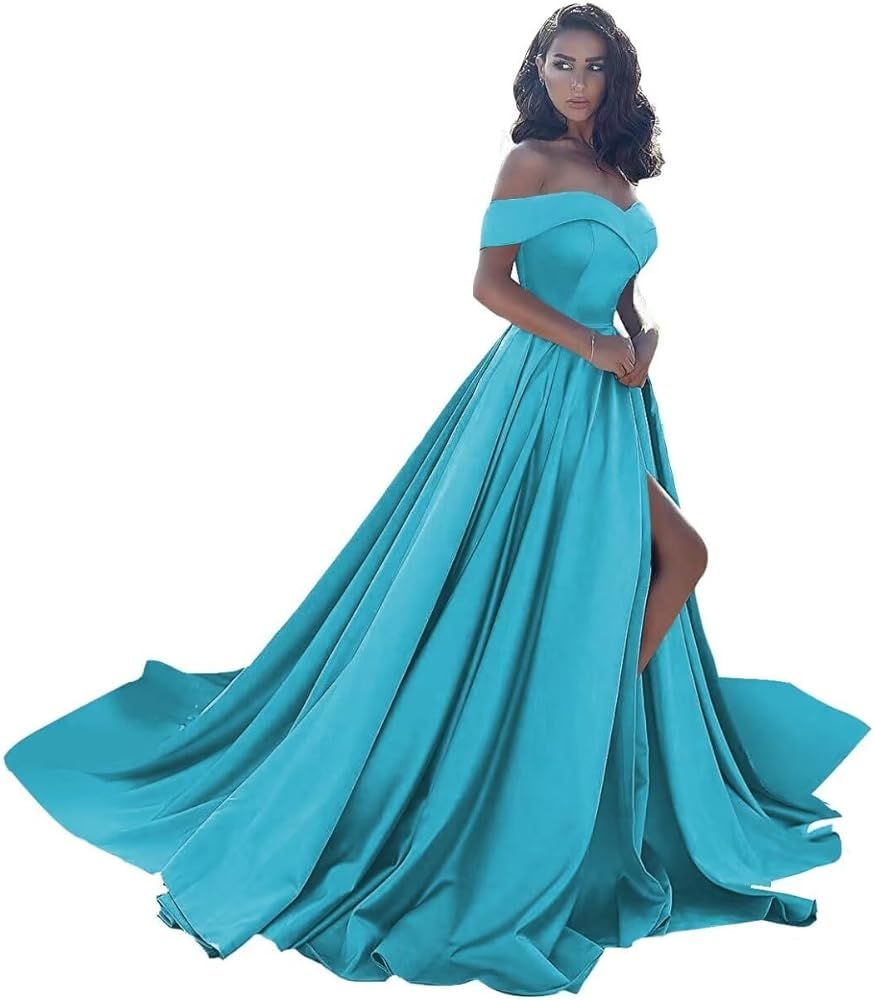 Off Shoulder Satin Prom Dresses Ball Gown Plus Size Formal Dresses for Women Wedding Dress with S... | Amazon (US)