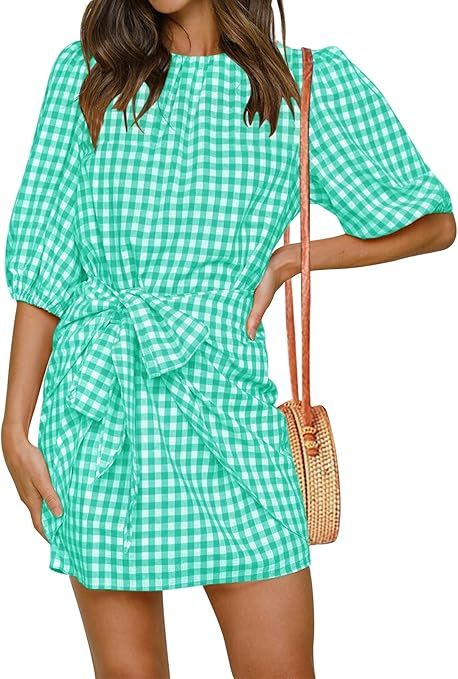 ZOWODO Womens Casual Summer Plaid Crewneck Lantern Sleeve Wrap Tie Waist Party Short Mini Dress | Amazon (US)