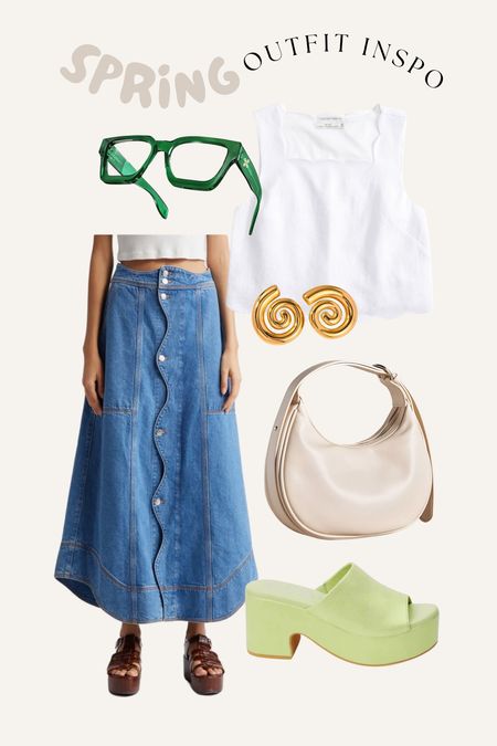 Spring outfit inspo!! Nordstrom, Anthropologie, love the pop of green and fun wavy skirt/top combo! 