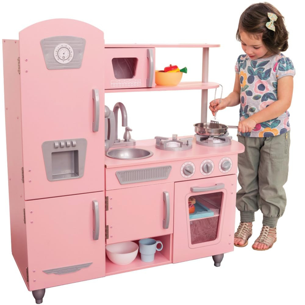 KidKraft Vintage Wooden Play Kitchen with Pretend Ice Maker and Play Phone, Pink | Amazon (US)
