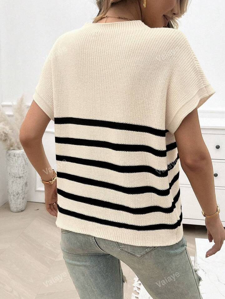 Women's Round Neck Striped Batwing Short Sleeve Sweater | SHEIN