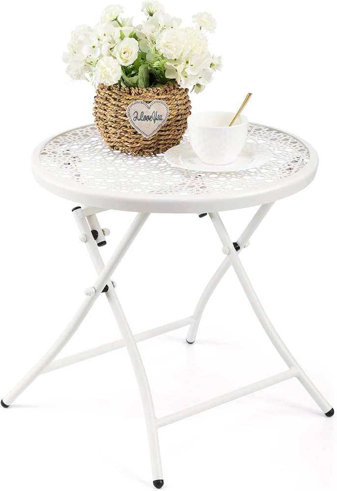 TeoKJ Folding Outdoor Side Tables, Anti Rust Small Patio Table Round Metal End Table with Flower ... | Amazon (US)