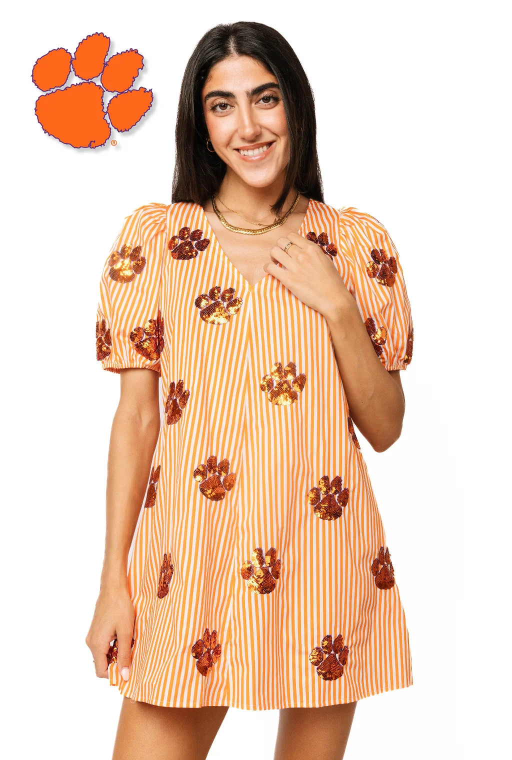 Licensed Sample Clemson Striped Scattered Mascot Tie Back Poof Sleeve | Queen of Sparkles