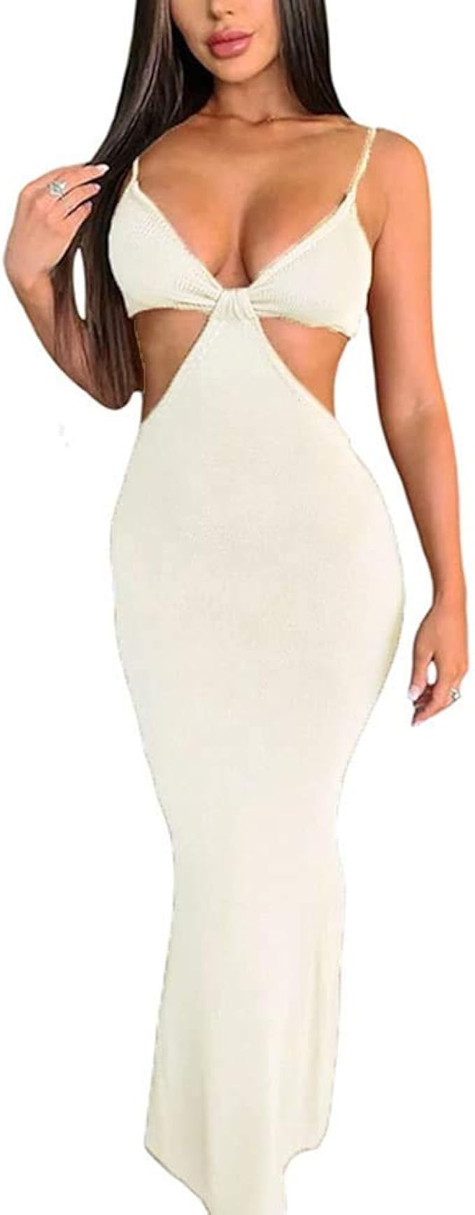 Antopmen Women Spaghetti Straps Knitted Maxi Dresses Elegant Sexy Party Cut Out Backless Bodycon ... | Amazon (US)