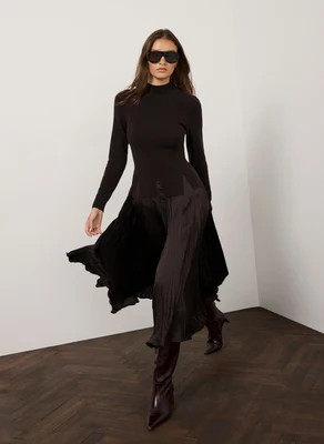 Brown Layered Drop Waist Knit Crinkle Midi Dress | Mint Velvet