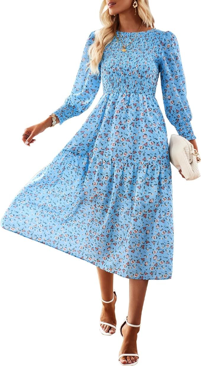 AILLOSA Women's Casual Long Sleeve Floral Dress Crewneck A-Line Mid Length Dress | Amazon (US)