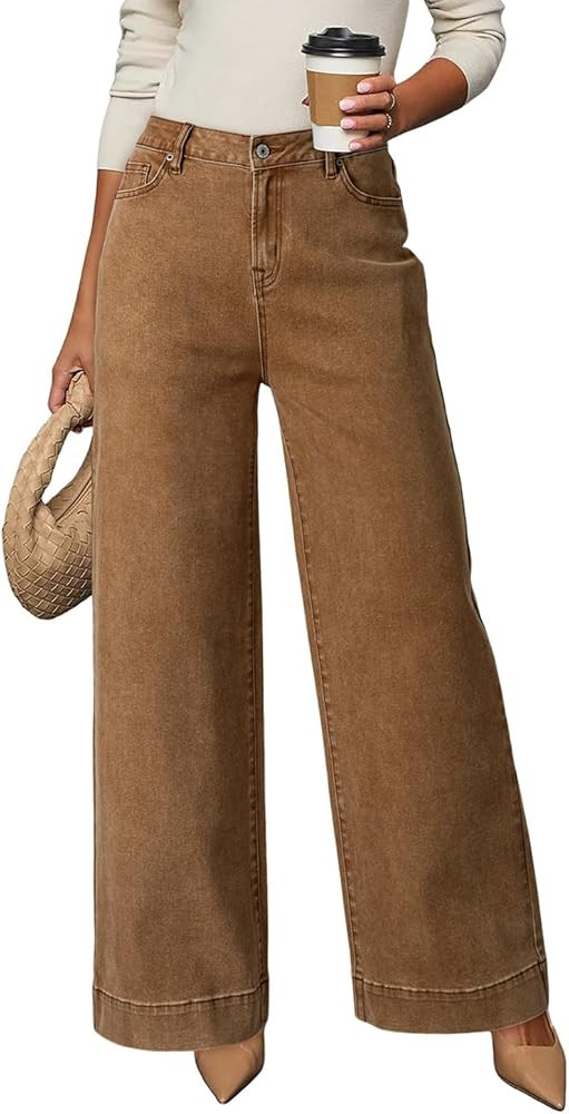 DOKOTOO Women's Casual High Waisted Jeans Stretch Button Wide Leg Loose Denim Pants with Pockets | Amazon (US)