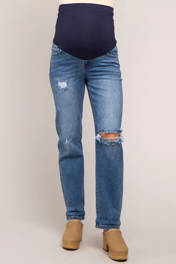 Blue Distressed Rolled Hem Maternity Jeans | PinkBlush Maternity