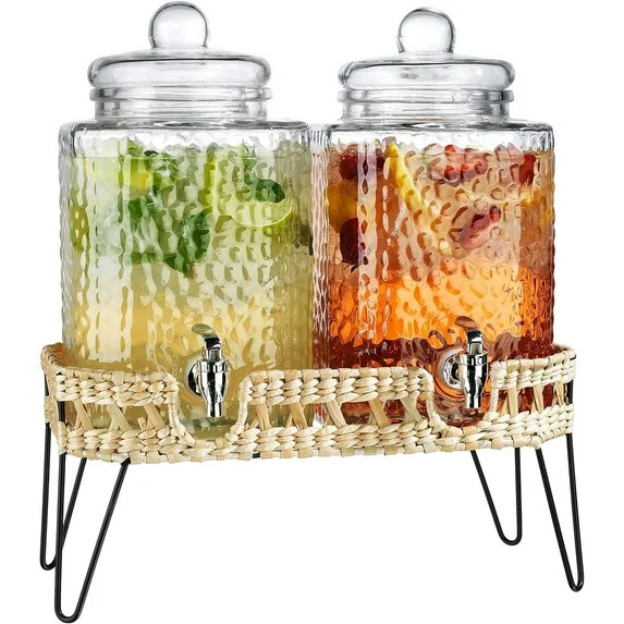 Double Drink Dispenser 1.5 Gallon Hammered Glass Beverage Dispenser 2-Pack with  Wicker on Metal ... | Walmart (US)