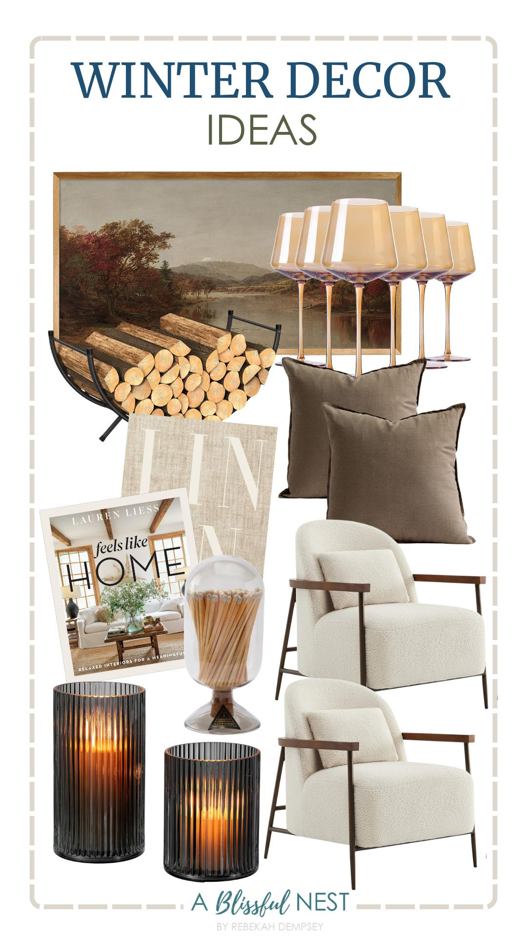 Warm textures, winter-ready spaces. Grab these picks today.
curved firewood rack, khaki pillow, glass match cloche with striker, accent chair, panoramic landscape wall art, amber colored wine glasses, hurricane glass candle holders, decorative book 

 #LTKSeasonal #LTKHome #LTKFindsUnder100
