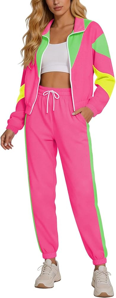 Aluvee 80s Track Suit Women Set 90s Windbreaker Outfit Retro Color Block Sportswear Set With Jack... | Amazon (US)
