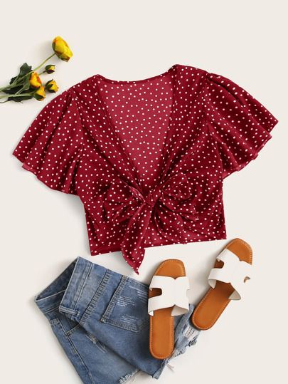Polka Dot Knot Front Butterfly Sleeve Top | SHEIN