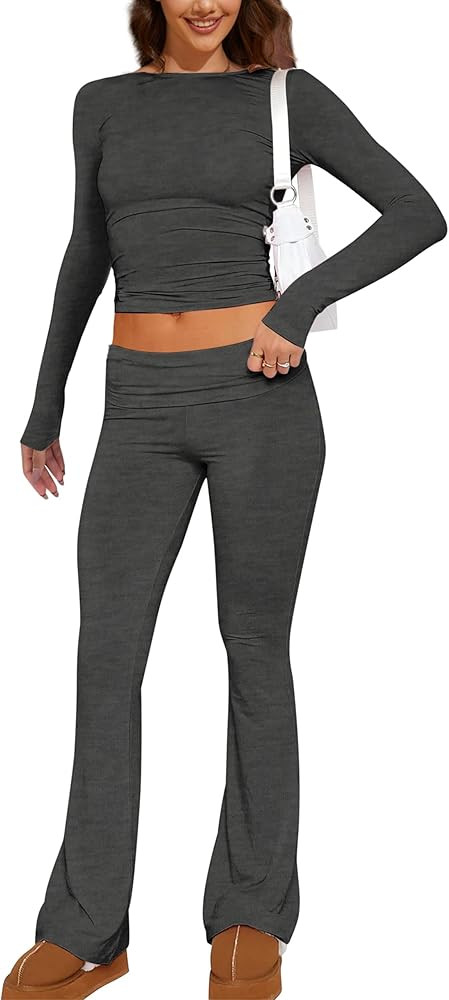 M_Eshop 2 Piece Set Women Outfit Lounge Sets Skims Long Sleeve Top And Flare Leggings Fold Over Y... | Amazon (CA)