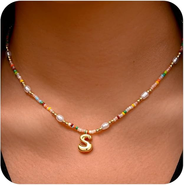 Ritach Initial Necklaces for Women Girls Kids - Light Colorful Beaded Pearl Initial Necklace Gold... | Amazon (US)