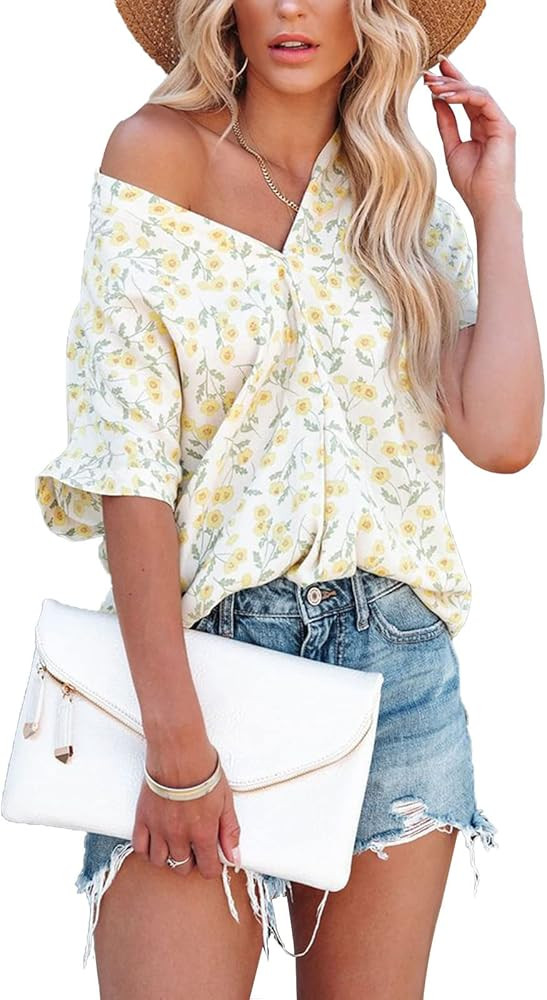 ANCAPELION Women’s Summer Chiffon Blouse Casual Short Sleeve V Neck Shirt Loose Printed Cuffed Sleev | Amazon (US)