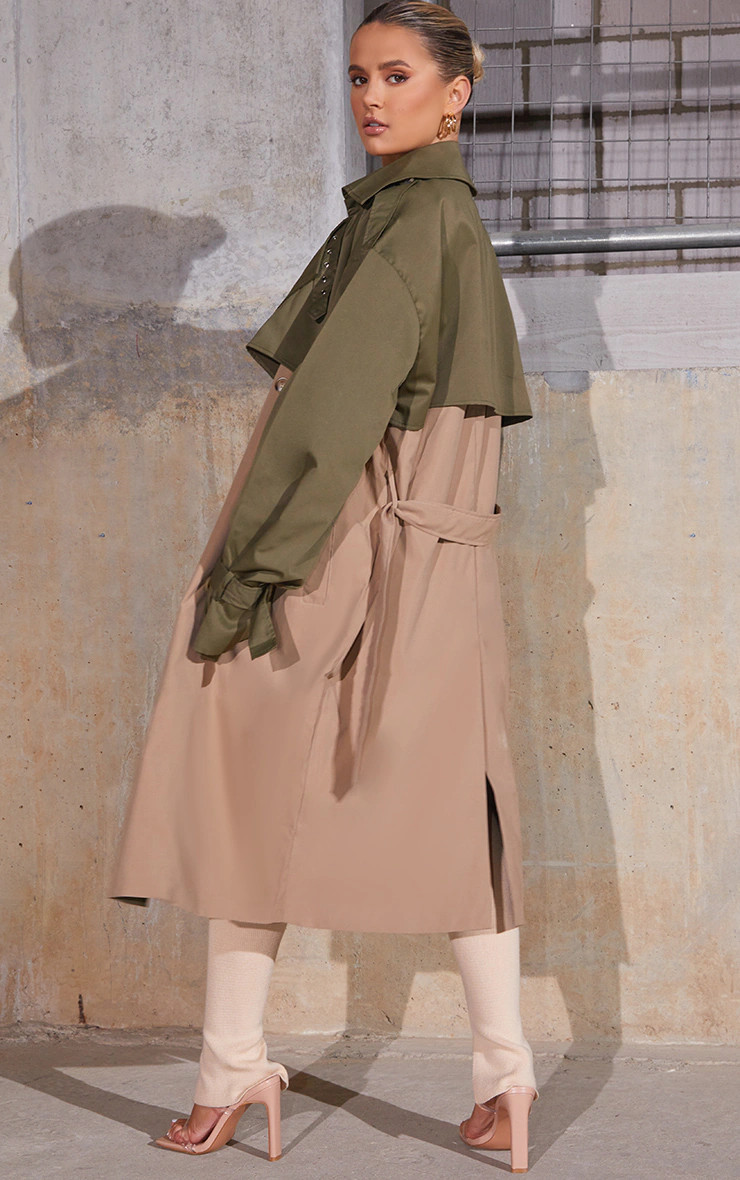Khaki Contrast Oversized Belted Midi Trench | PrettyLittleThing US