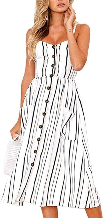 Halife Womens Summer Dresses Casual Spaghetti Strap Floral Button Down Swing Midi Dress with Pock... | Amazon (US)