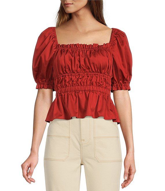 Attia Sateen Square Neck Ruched Short Puff Sleeve Peplum Blouse | Dillard's