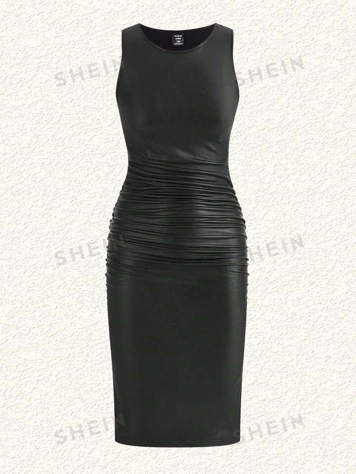 SHEIN EZwear Plus Size Women's Sleeveless Stretch Pu Leather Dress | SHEIN