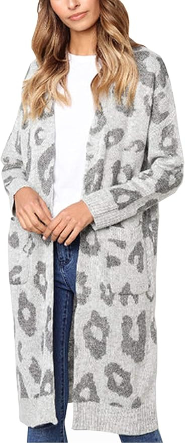 Angashion Women's Long Sleeves Leopard Print Knitting Cardigan Open Front Warm Sweater Outwear Co... | Amazon (US)