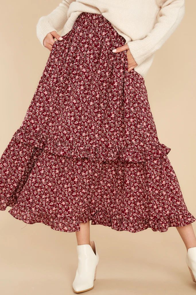 Fluttering Thoughts Burgundy Floral Print Maxi Skirt | Red Dress 