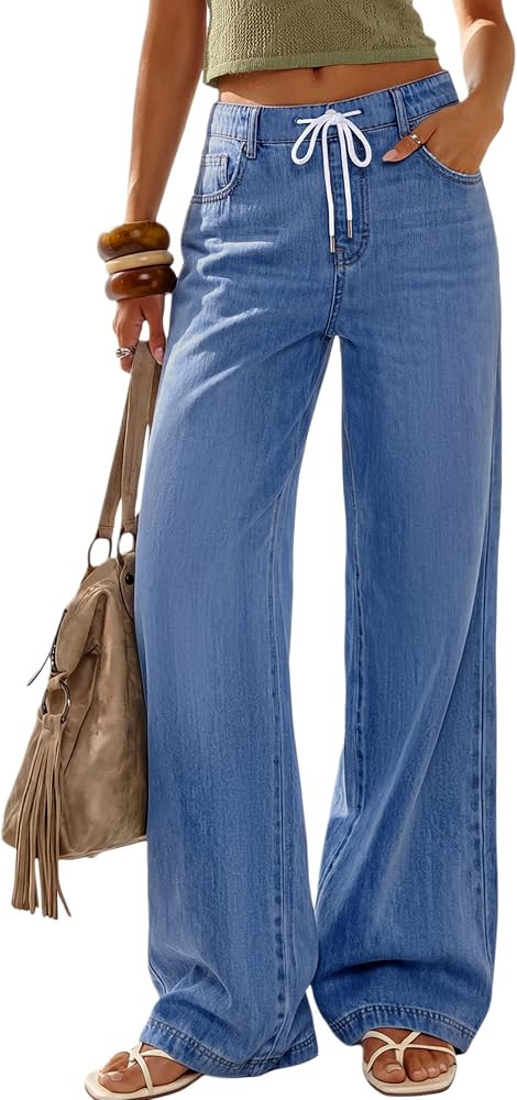 PRETTYGARDEN Womens Stretchy Drawstring Wide Leg Jeans | Amazon (US)