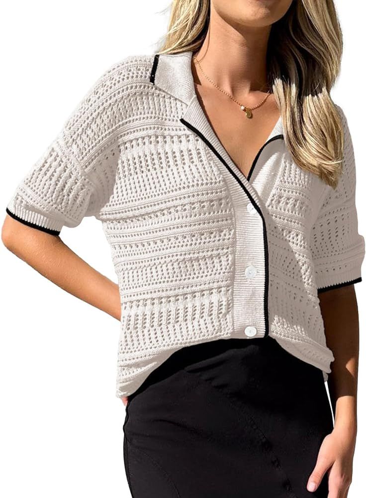 ARTFREE Women's Short Sleeve Cardigan Sweaters Summer Casual Button Down Shirts V Neck Hollow Out... | Amazon (US)