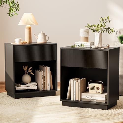 Fluted Nightstands Set of 2, Modern Bedside Table with Drawer and Storage Shelf, Wood End Table M... | Amazon (US)