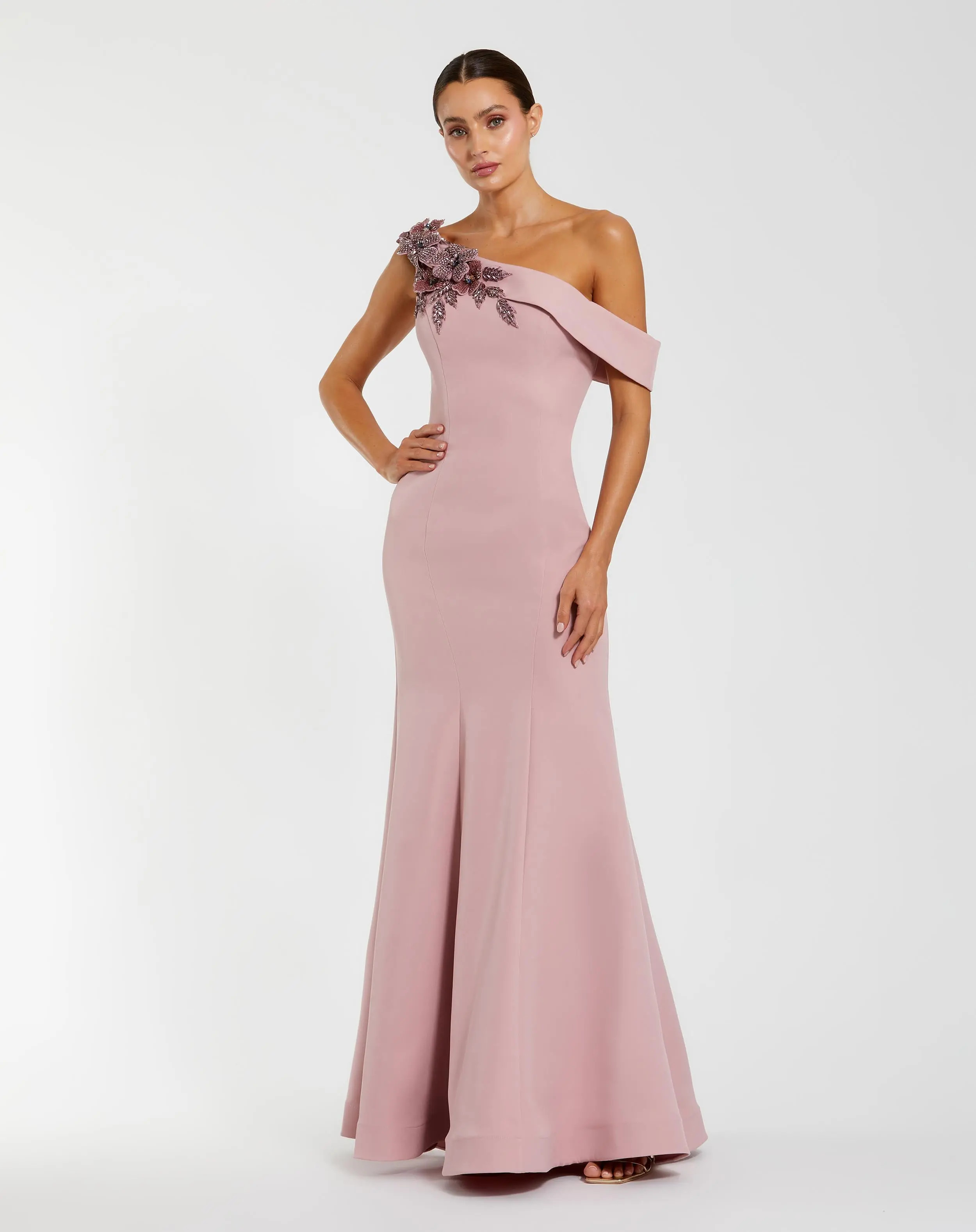 Pink One Shoulder Sleeveless Beaded Mermaid Gown | Mac Duggal | Mac Duggal