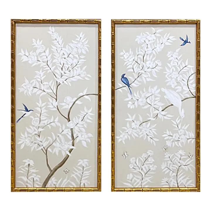 Neutral Beige Chinoiserie Panels Framed in Antique Gold Bamboo- Set of 2 | Chairish