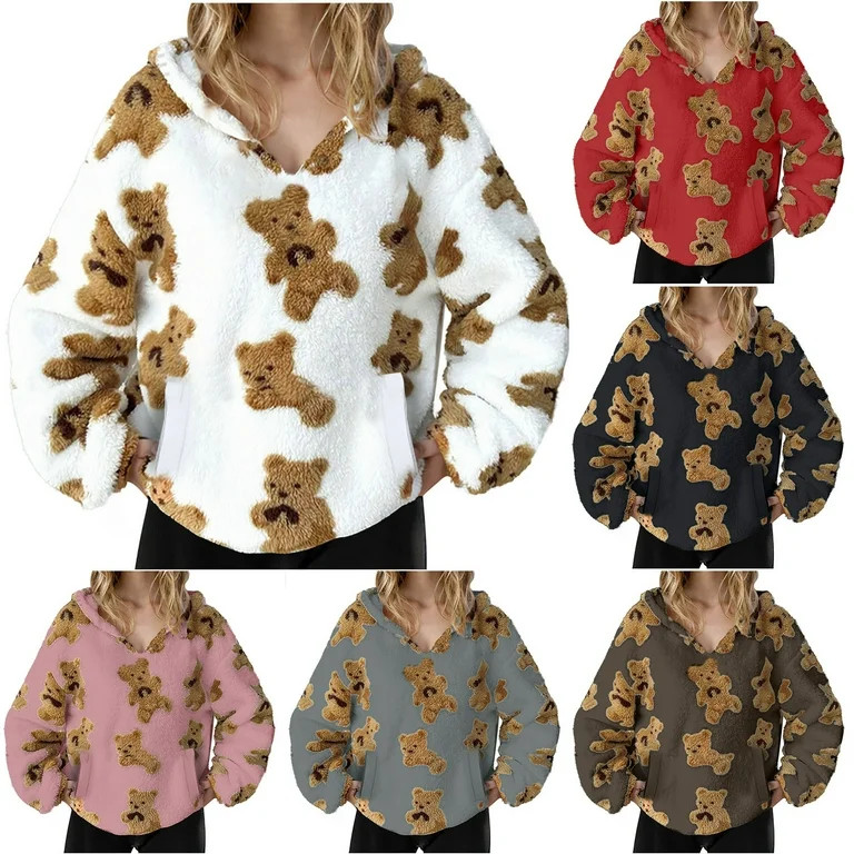 qolati Fuzzy Fleece Oversized Sweatshirts Women 2024 Fall Long Sleeve Cute Teddy Bear Hoodies Swe... | Walmart (US)