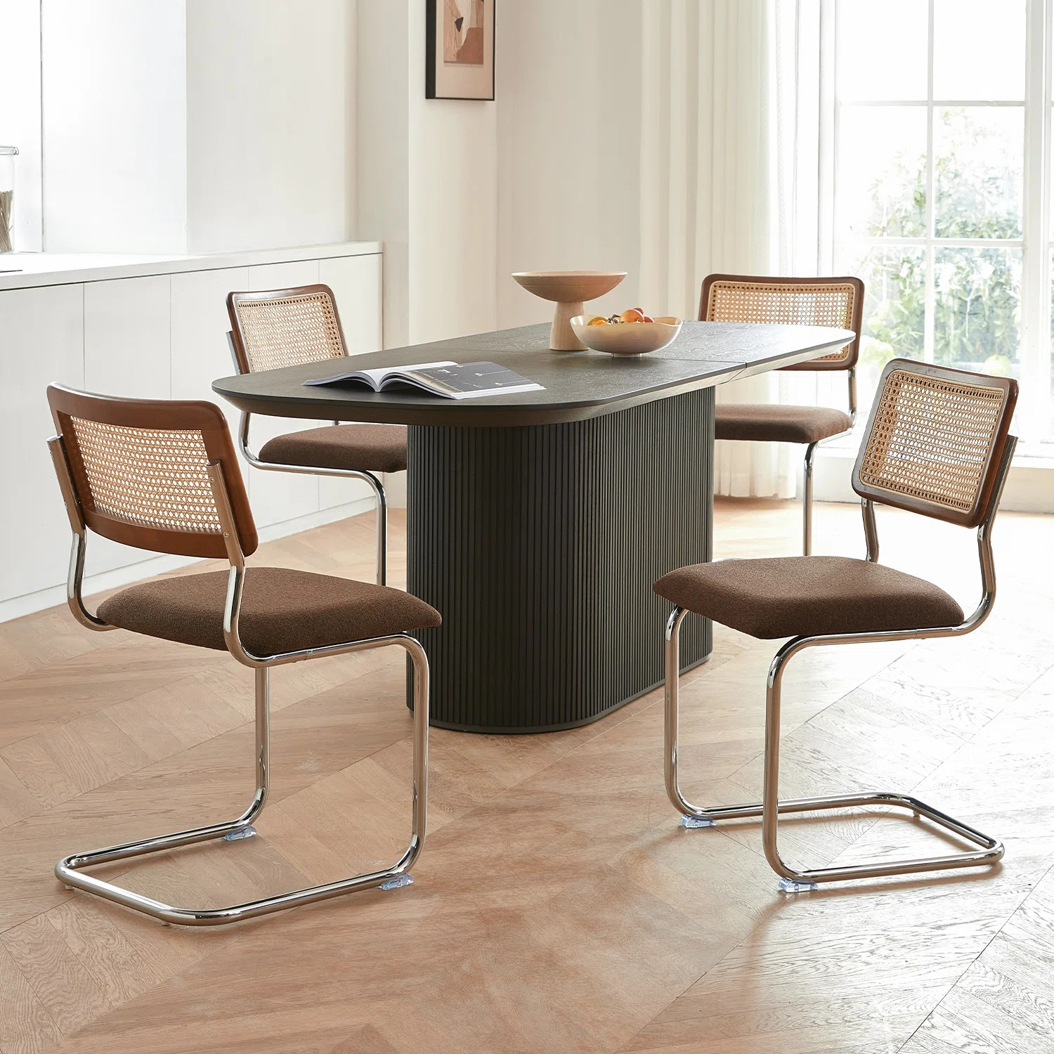 Brown Rattan Dining Chairs Set of 4,Wooden Mid-Century Modern Kitchen Chairs, Mesh Back Cane Dini... | Wayfair North America