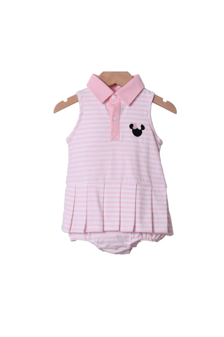 Embroidered Mouse Pink Stripe Skirted Bubble | The Smocked Flamingo
