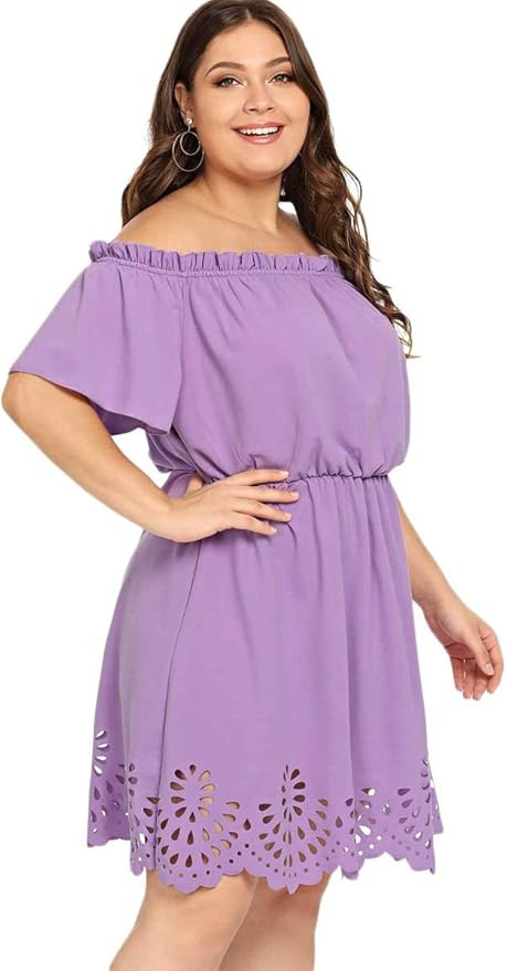 Romwe Women's Plus Size Off The Shoulder Hollowed Out Scallop Hem Party Short Dresses | Amazon (US)