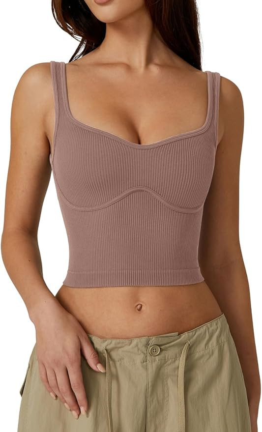 QINSEN Womens Sleeveless Cropped Rib Knit Seamless Sweetheart Neckline Going Out Tank Tops | Amazon (US)