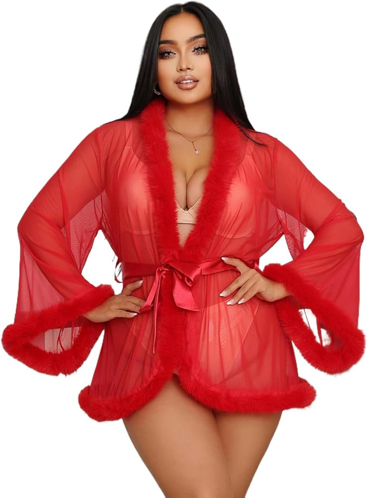 ohyeahlady Kimono Damen Tüll Robe Kurz Sexy Morgenmantel mit Kunstnerz-Fellstreifen Durchsichtig... | Amazon (DE)