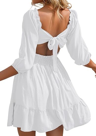 Phortric Womens Tie Back Summer Dress Square Neck Long Lantern Sleeve Off Shoulder A-Line Casual ... | Amazon (US)