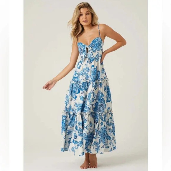 btb los angeles molly blue & whit floral ruffle long maxi summer sun dress small | Poshmark