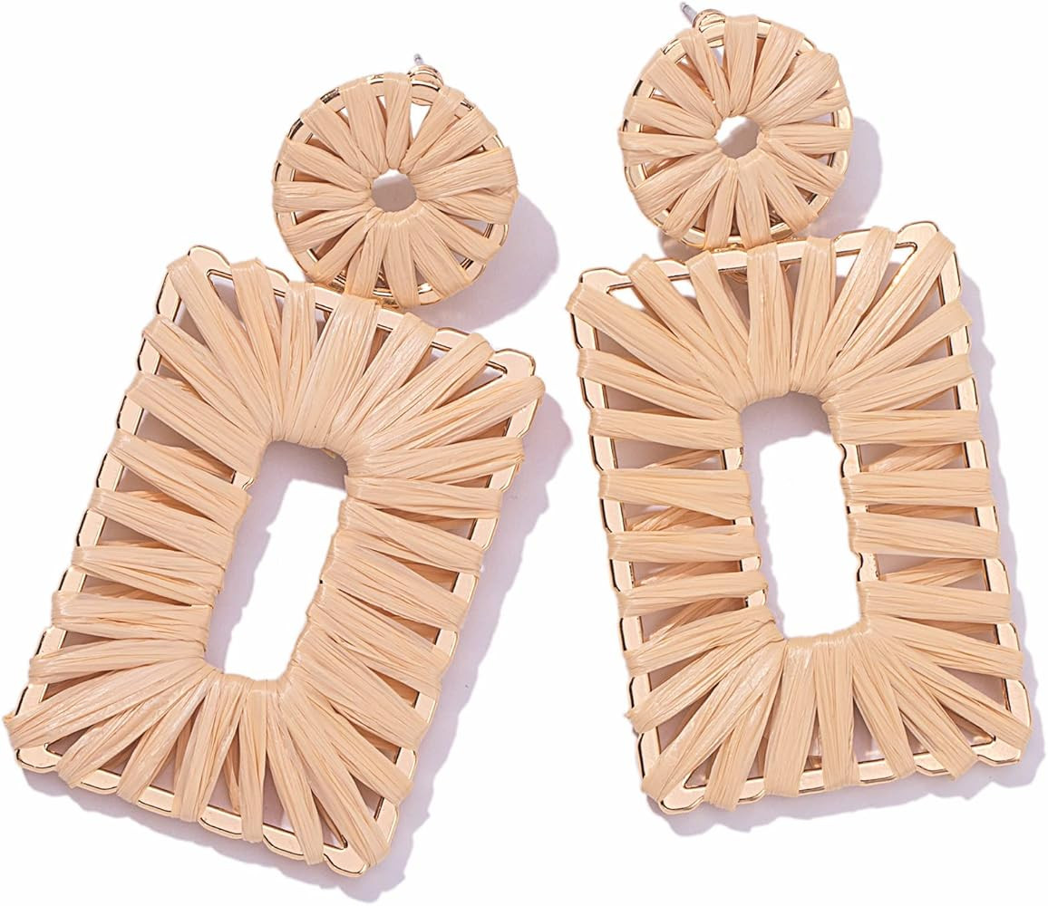 Statement Raffia Earrings Boho Drop Earrings Geometric Dangle Earrings for Women Handmade Straw E... | Amazon (US)