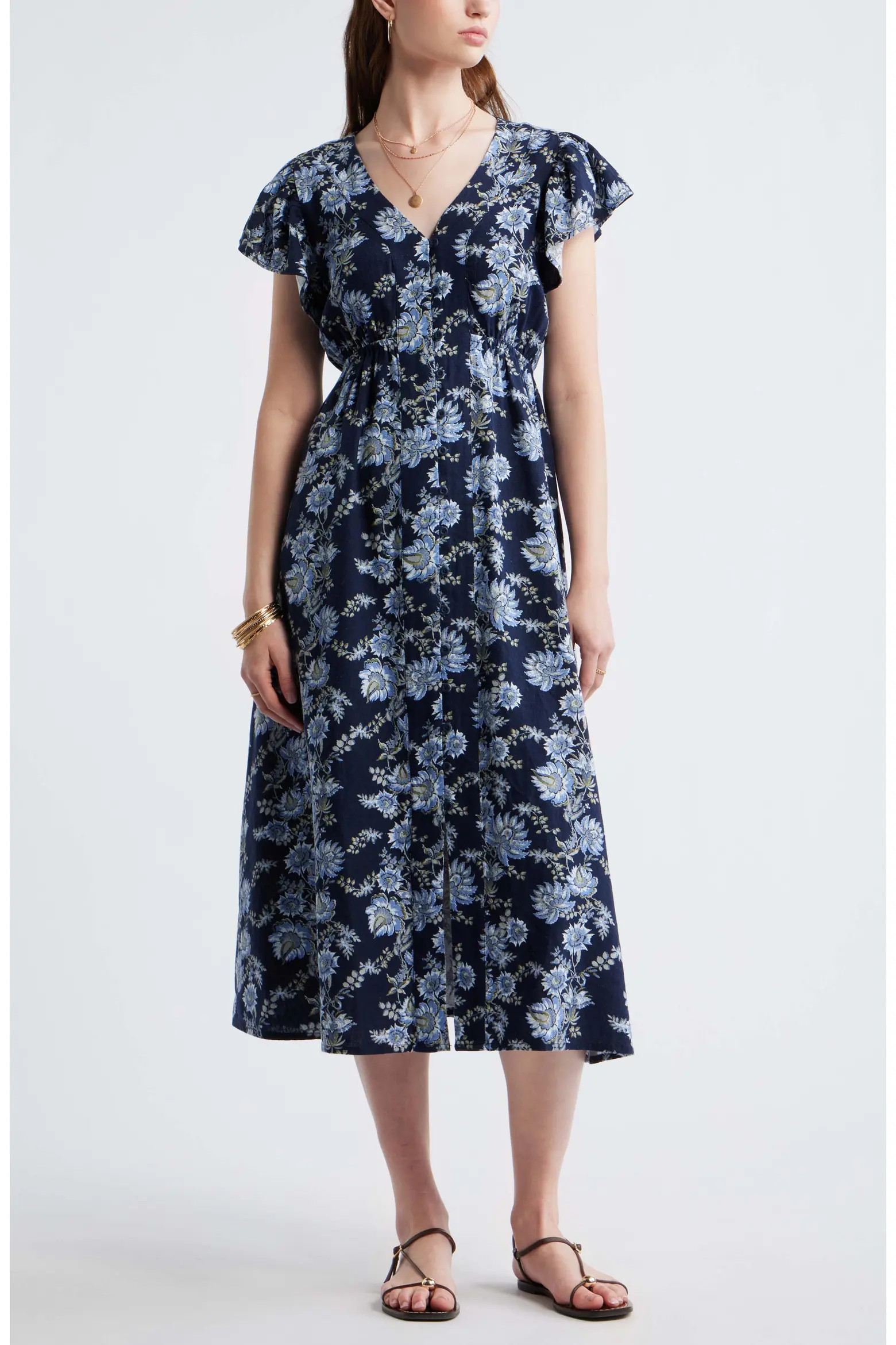 Short Sleeve Button Down Linen Blend Midi Dress (Women) | Nordstrom | Nordstrom