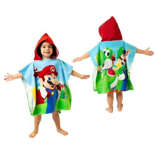 Franco Super Mario Kids Beach/Pool/Bath/Camping Hooded Towel Poncho 24" X 22", Absorbent Cotton Cover up, (Official Nintendo Product), Large, Super Mario | Amazon (US)