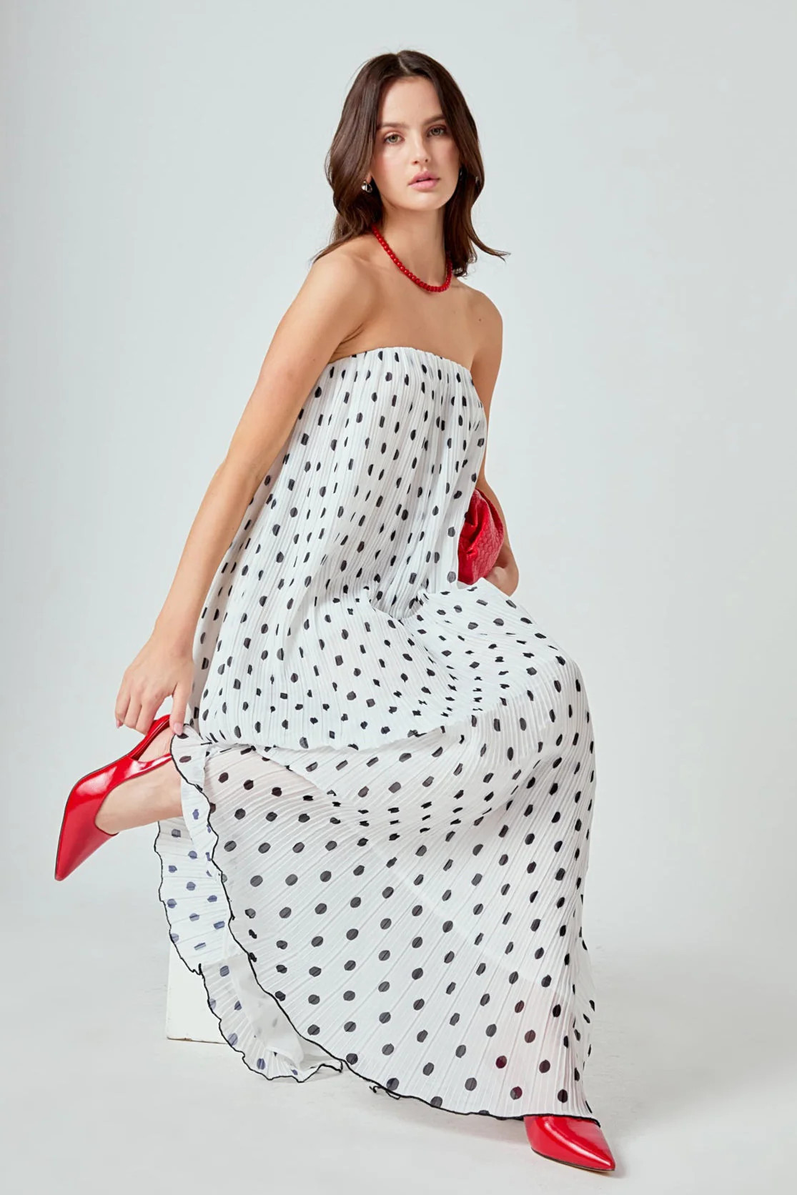 Samantha Strapless Pleated Polka Dot Maxi Dress | OBJECTRARE