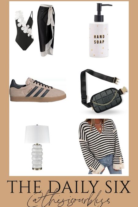 The daily six! Today’s daily finds 🖤

Two piece set with one piece swimsuit, and Sarang, Adidas Gazelle sneakers , black, quilted belt bag, rolled table lamp, black and white hand soap bottle, and black-and-white striped sweater with bell sleeves #amazonFashion

#LTKfindsunder50 #LTKswim #LTKsalealert