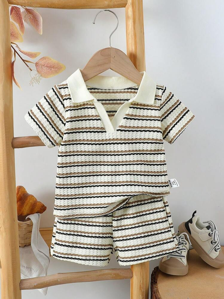 Vintaside Kids Baby Boy Summer Fashion Black & Khaki Striped V-Neck Short Sleeve Top Paired With Matching Waistless Shorts Set, Suitable For Various Occasions - Outdoor Play, Casual Home Wear, Outdoor Sports, Holiday Parties Or Family Gatherings, Keeping Baby Looking Elegant And Energetic | SHEIN